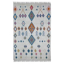 6'x9'3" White Moroccan Weave Geometric Pattern Hand Knotted Soft Wool Rug R20742
