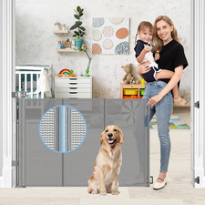 Retractable Baby Gate with Support Rods - 55  Wide Mesh Dog Gate, Gray