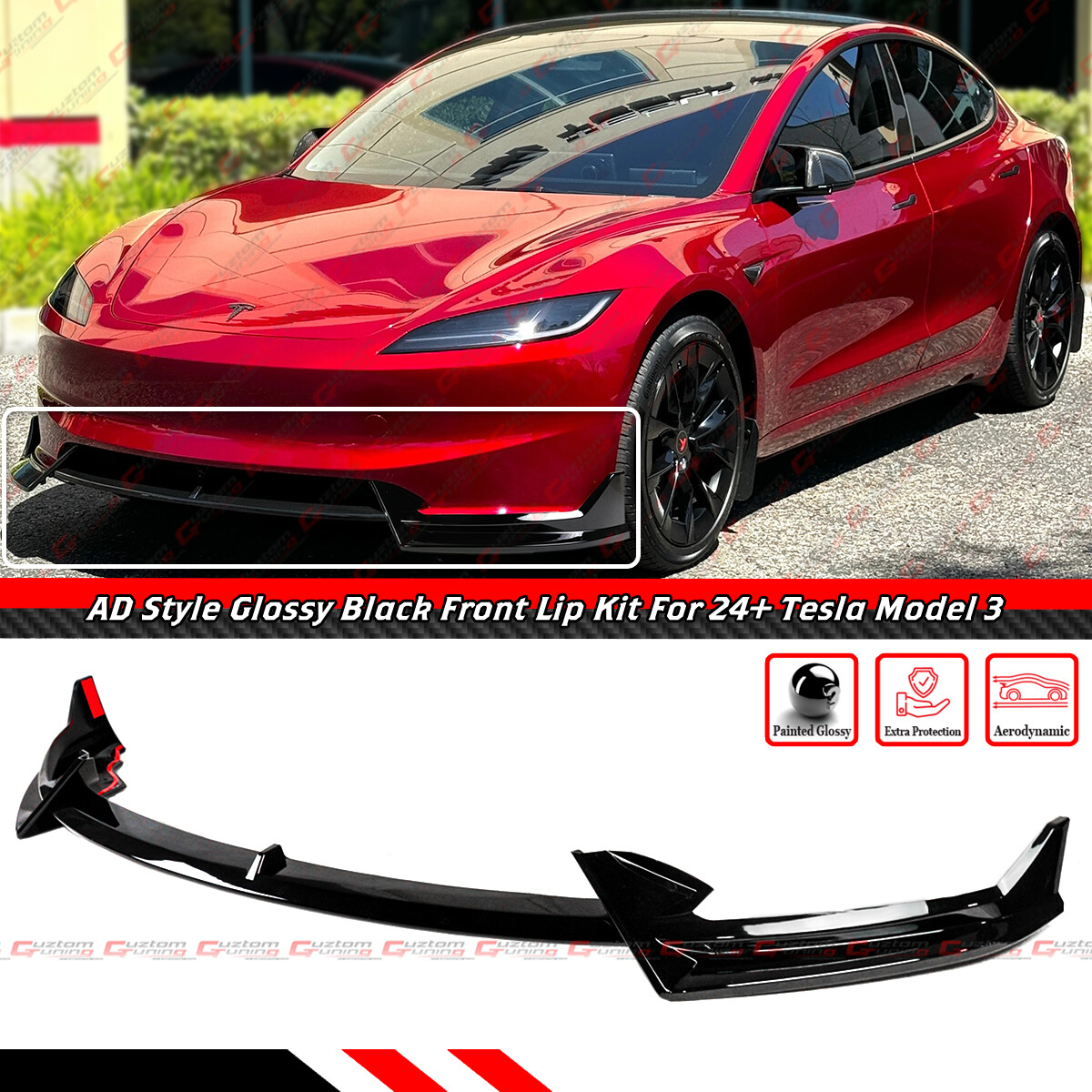 For 24-25 Tesla Model 3 Highland AD Winglet Style Gloss Black Front Lip Splitter