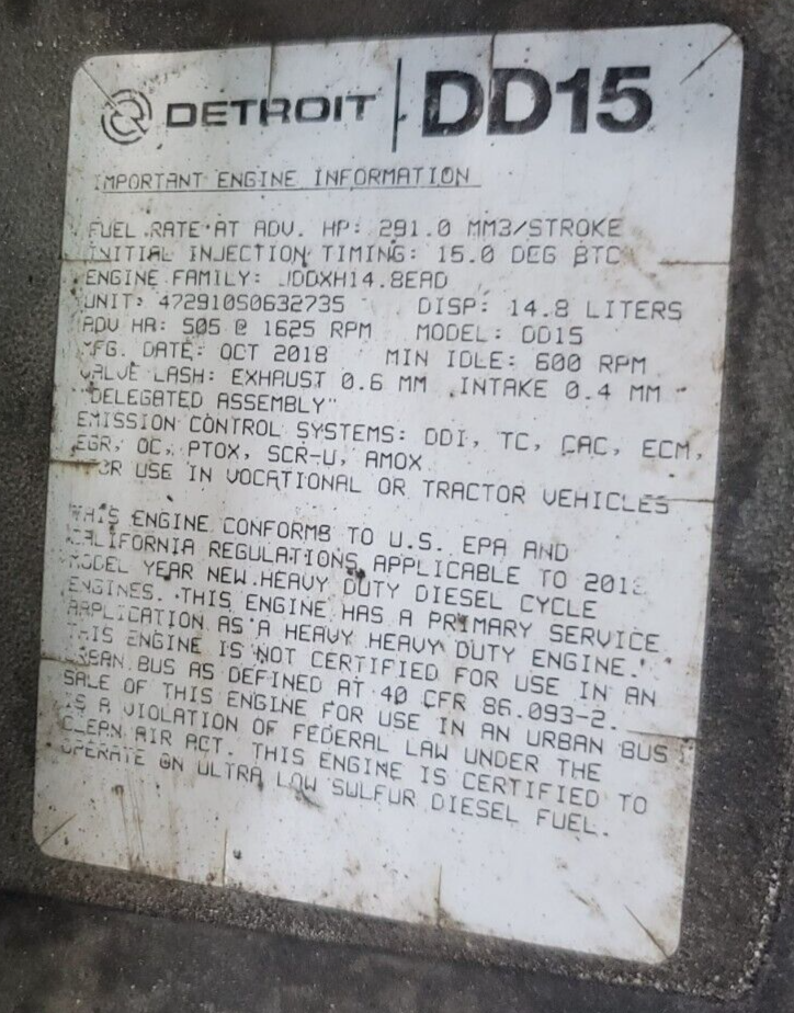 DETROIT DD15 (472910) 2018 ENGINE ASSEMBLY 3521518 580 K MILEAGE