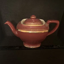 Vintage Hall 6 Cup Maroon/Burgundy Gold Hollywood Teapot