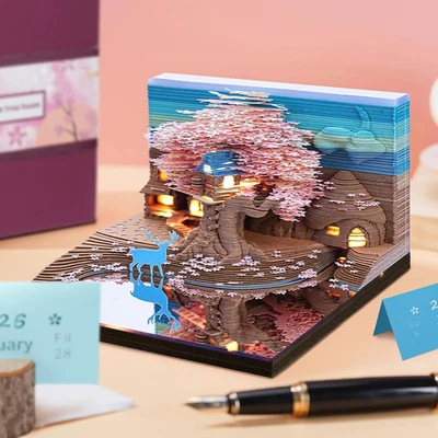 3D Desk Calendar 2026 Memo Pad with Light, 2026 Time Piece Calendar 3D Tree Hous