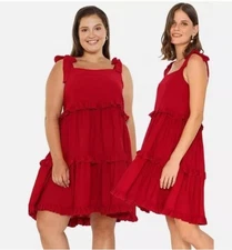 NWT Cleo Cora Tiered Linen & Cotton Babydoll Smocked Ruffle Dress - Size Large