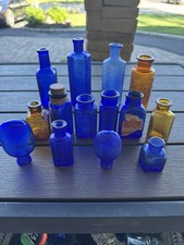 Lot Of 14 Vintage Cobalt Blue & Amber Brown Poison / Apothecary Bottles