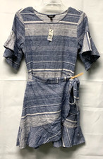 Express Women's Sz S Blue/White Linen Blend Faux Wrap Dress, Short Sleeve