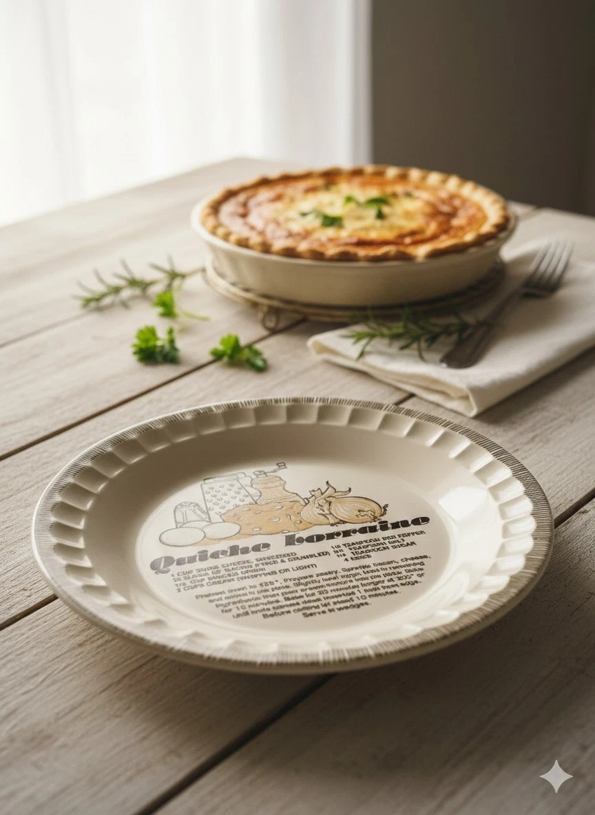 Royal China Jeannette QUICHE LORRAINE Recipe Vintage Ceramic Pie Plate Dish 11”