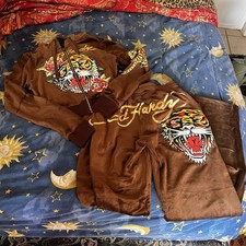 S NWT Ed Hardy Brown Velour Tiger Cropped Hoodie  Pants Set Tracksuit Velvet