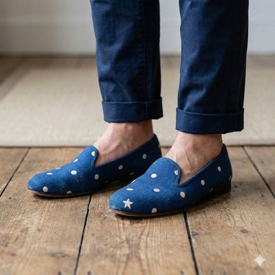 Stubbs & Wootton Smoking Slipper Loafers Mens 10 Blue Polka  display picture 3