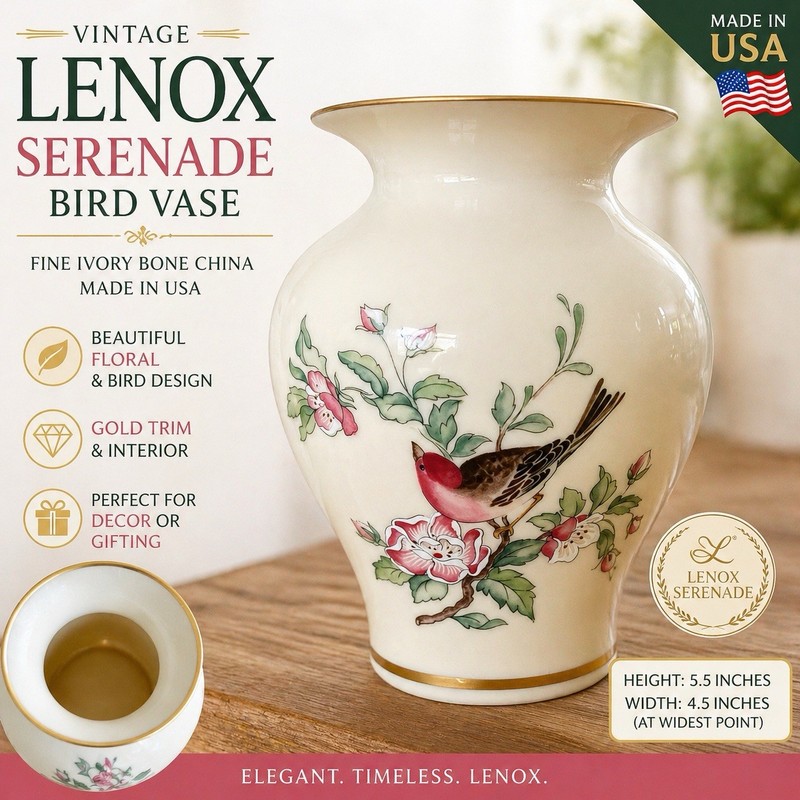 Vintage Lenox Serenade Vase Ivory Porcelain with Floral Pattern Gold Trim 5.75"