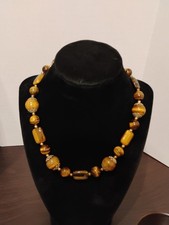 Round  Retrangle Beaded tiger eye necklace With Silver tone Beads  Caps