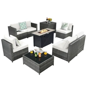 9 PCS Patio Rattan Furniture Set Fire Pit Table Storage Black W/ Cover
