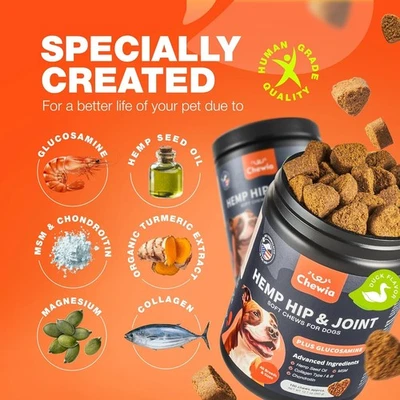 CHEWIA Joint Supplement for Dogs, Glucosamine Chondroitin - 180 Hip & Joint Hemp