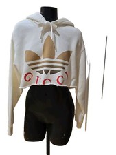 GUCCI x Adidas Logo White Cropped Hooded Sweatshirt Size XS Extra Small Or Small