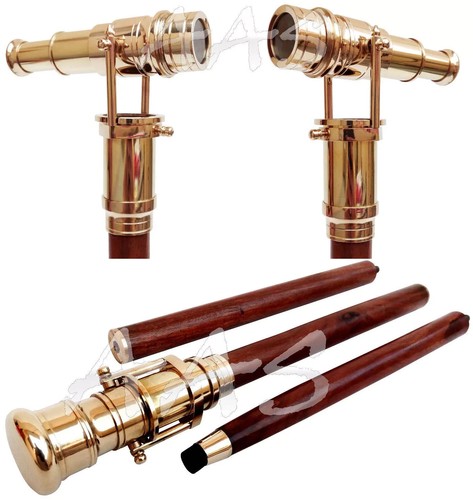 Vintage Brass Telescope Hidden Cane Folding Wooden Walking Stick Nautical Gift