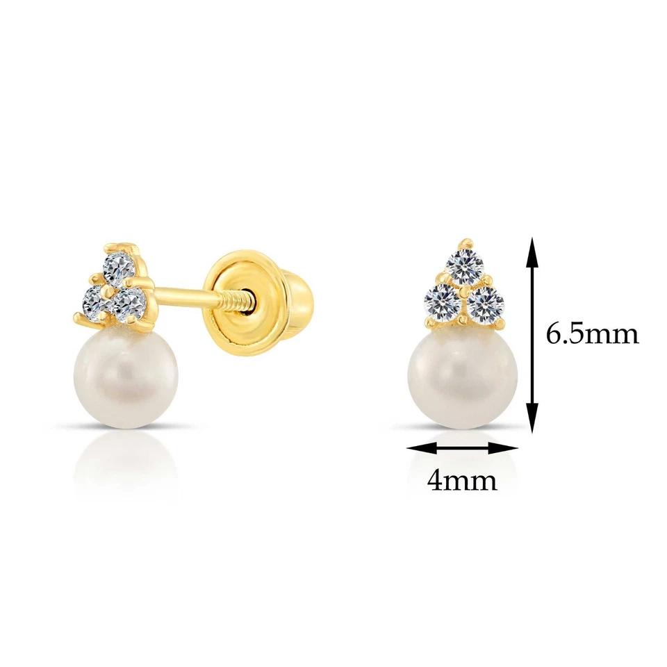 14K Real Solid Gold Freshwater Pearl Flower CZ Sleeper Studs Earrings Screw-back - Image 3 of 4