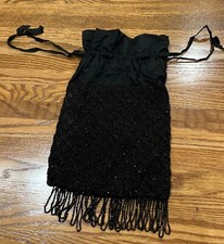 Antique Victorian mourning black beaded purse bag drawstring Fringe