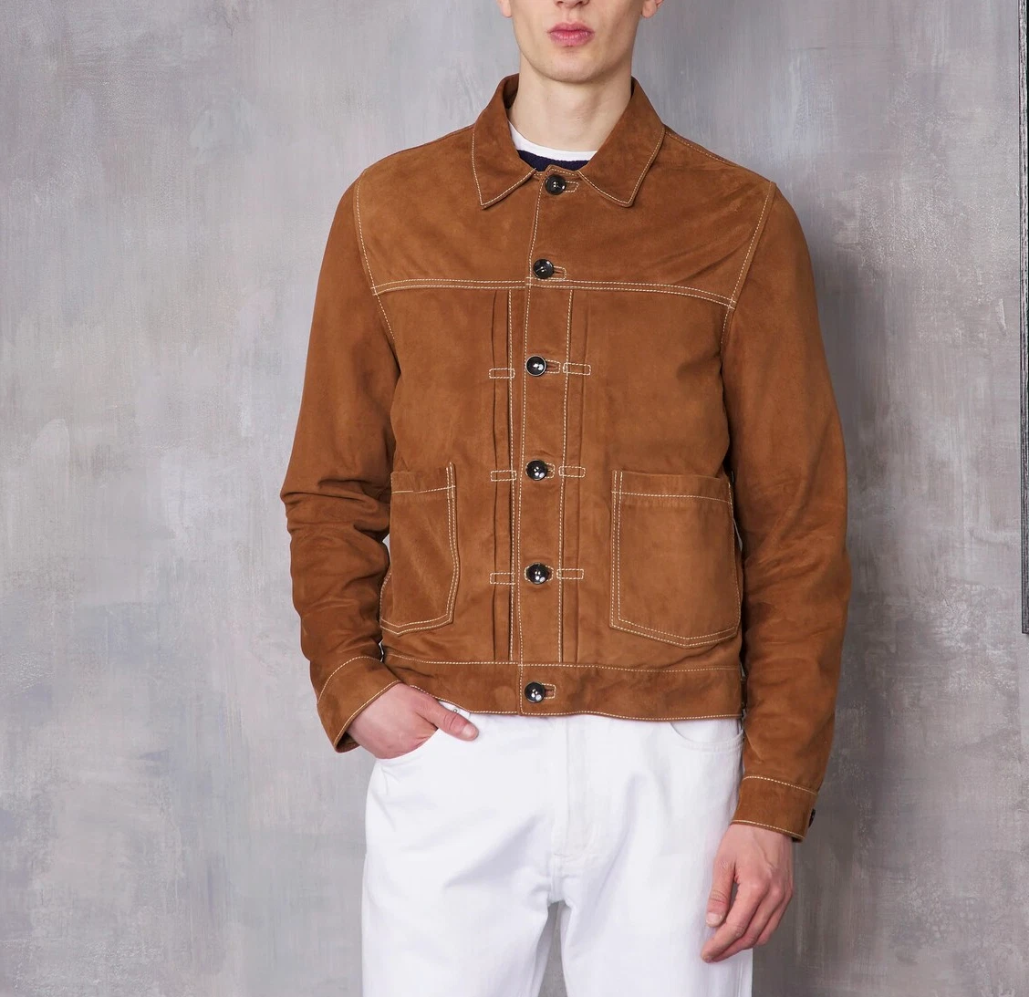 Mens Brown Leather Trucker Jacket Pure Suede Custom Made Size S M L XL 2XL 3XL