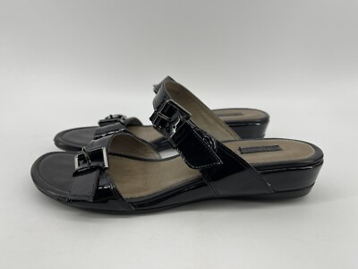 Ecco Leather Strappy Sandals Shoes Womens Size 6.5 Shiny Glossy Black Sliver