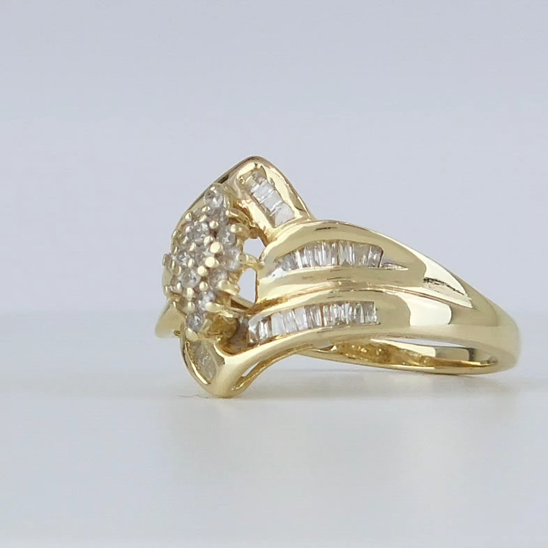 10k Yellow Gold Round and Baguette Diamond Cluster Cocktail 10k Yellow Gold Round and Baguette Diamond Cluster Cocktail