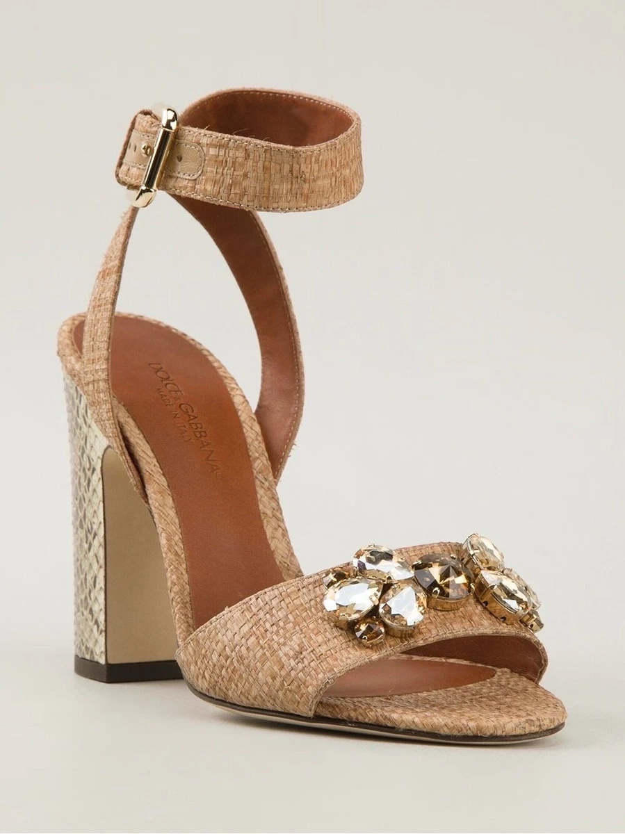 Dolce Gabbana jeweled raffia ayers snakeskin block heel sandal heels IT 35.5
