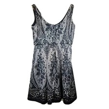 NINE West Black Cream Faux Lace Empire Waist Cocktail Dress Sz.10 A-Line Pleated