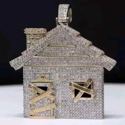 4Ct Round Cut Real Moissanite Trap House Men's Pendant 14K Yellow Gold Plated