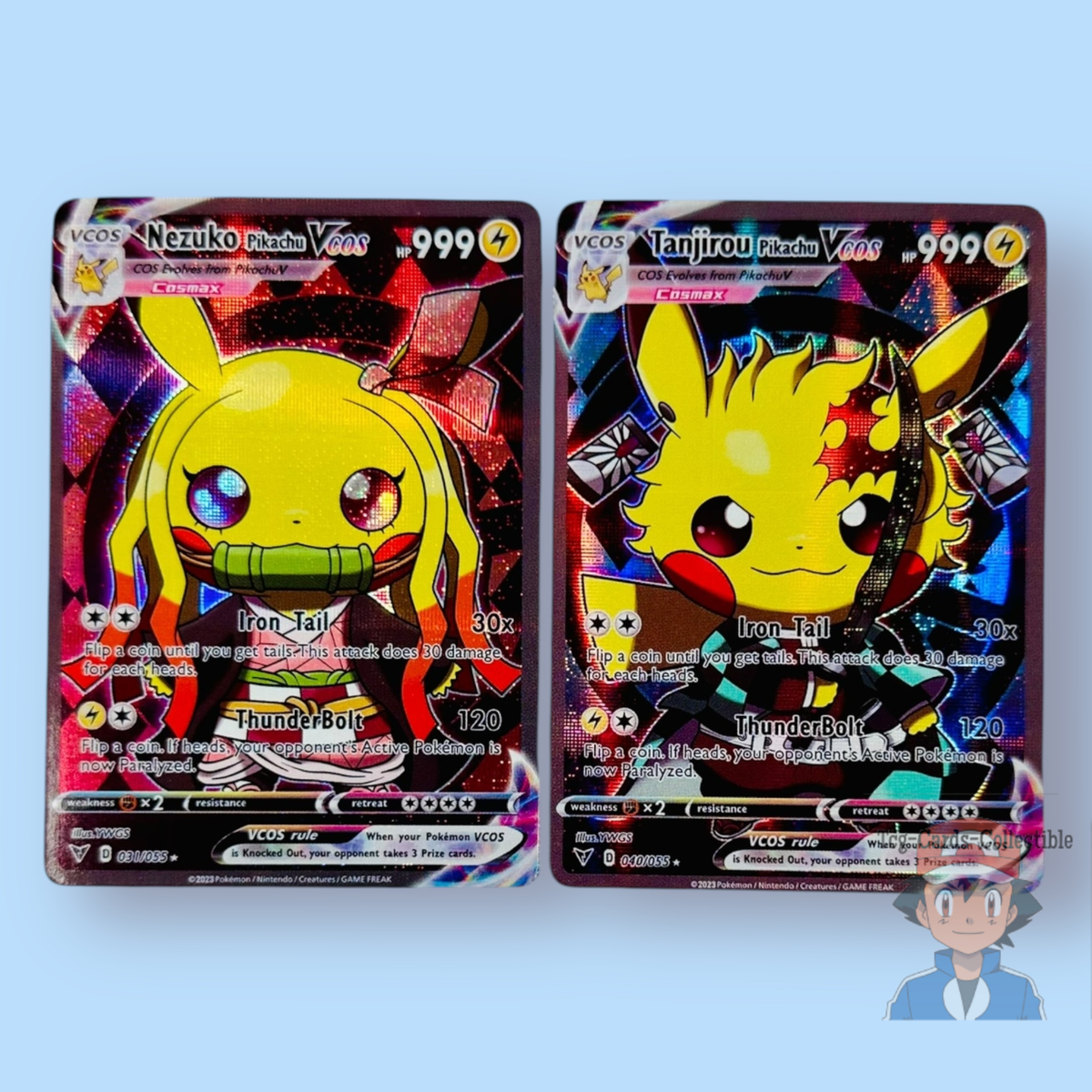 Pikachu Tanjirou + Nezuko Demon Slayer Pokemon Cute Cosplay Doujin ACG HOLO Card Pikachu Tanjirou + Nezuko Demon Slayer Pokemon Cute Cosplay Doujin ACG HOLO Card