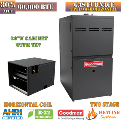 Goodman 80% AFUE 60K BTU Gas Furnace Coil System Upflow/Horizontal R32 Two Stage