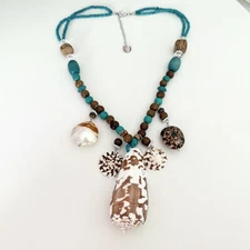 Vintage Blue Beaded Brown Wooden Chunky Sea Shell Charm Statement Necklace
