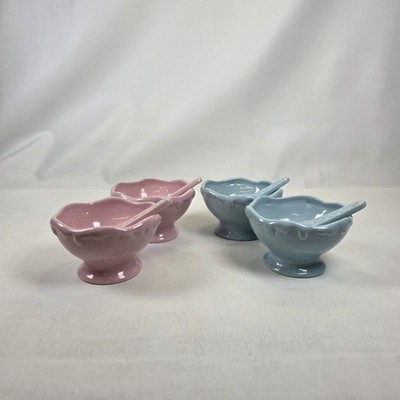 Keramik Rayware Eisschale und Löffel Desserts Vintage blau und rosa