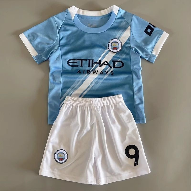 Youth Kid Haaland #9 Man City Sky Blue Home Soccer Jersey Short Set Size 14-30