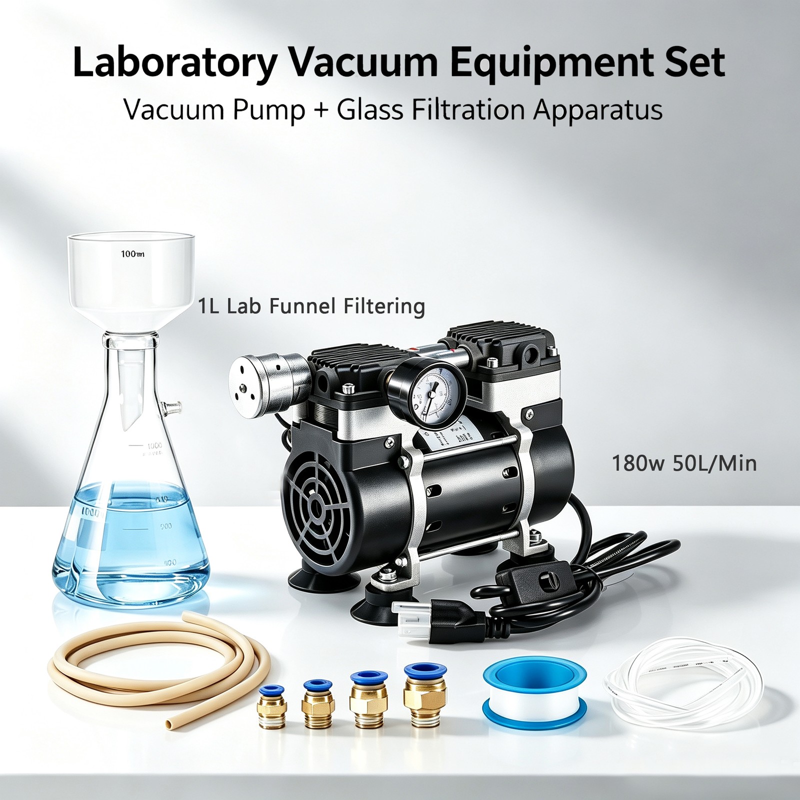 1L Lab Buchner Funnel Filtering with Lab Flask Funnel + 50L/Min Lab Vacuum Pump