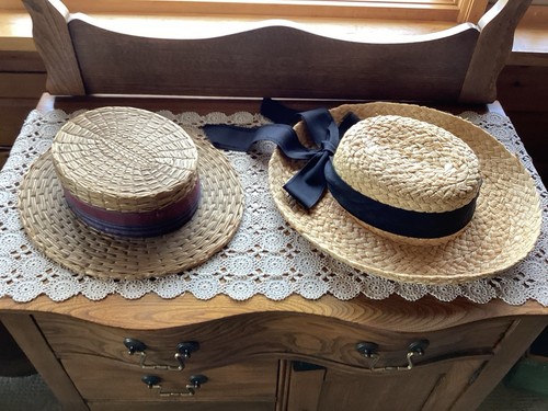 Vintage His & Hers Straw Hats Boater His Switzerland Hers Black Ribbon Unmarked
