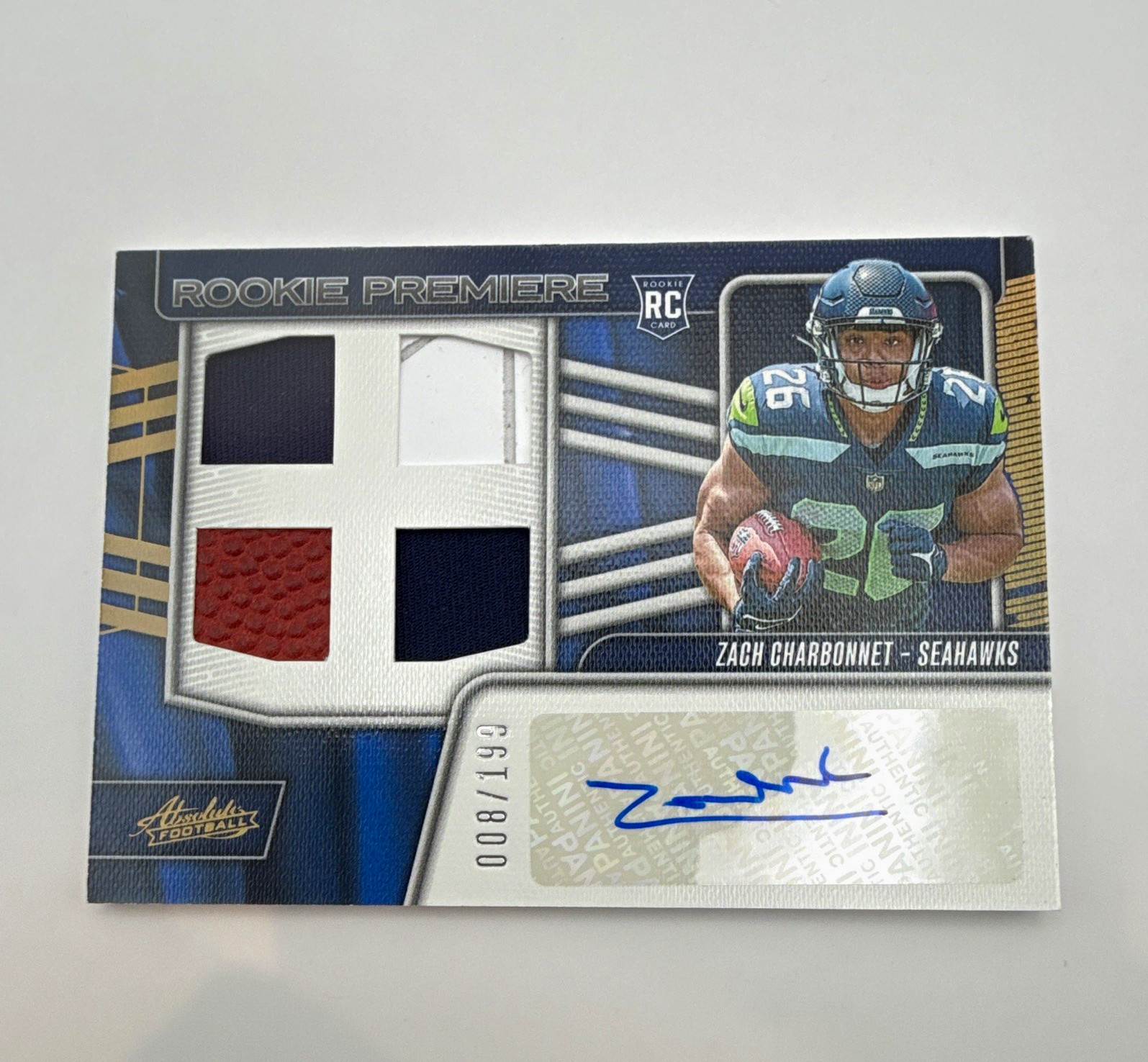 Zach Charbonnet Panini Absolute Rookie Premiere Materials Autographs Quad #RPMAZC Base