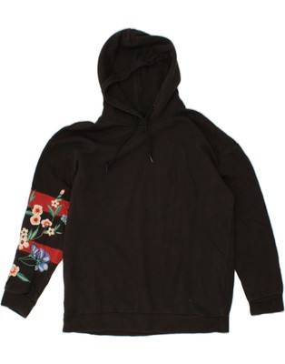 Pull & Bear Damen Grafik Hoodie Pullover UK 10 Small schwarz Blumenmuster Baumwolle BO25