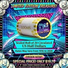 🎱  LOW PRICE for One (1) Kennedy Half Dollar Roll UNOPENED, UNSEARCHED=========