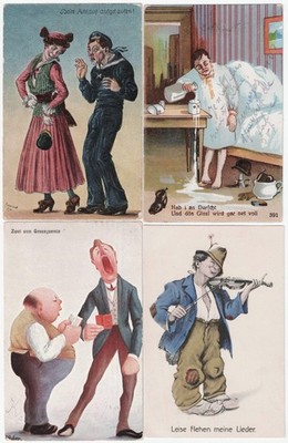 Mixed lot of 4 old joke postcards, humor, expired 1911 - 1919
