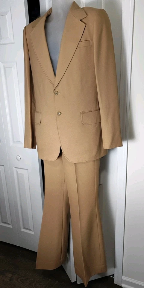 Mens VTG 1970s 2 PC Sand Disco Leisure Suit Sz S/M Flare Leg Pleated Back Japan - Image 3 of 4