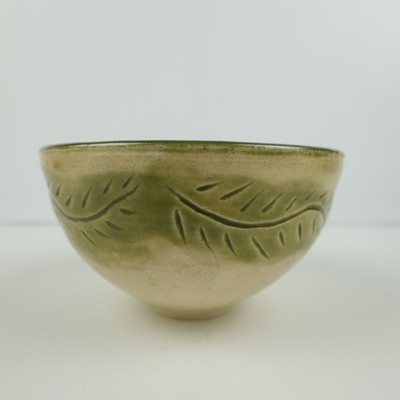 Handmade Studio Pottery Bowl Green Leaf Pattern Glazed Ceramic Signed Art