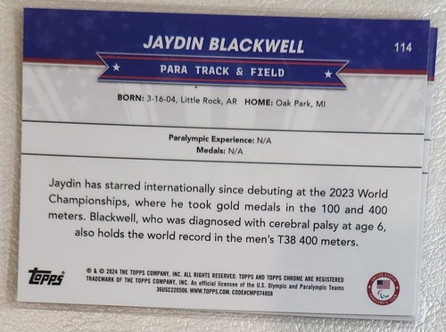 2024 Topps Chrome U.S Olympics Jaydin Blackwell #114 - Picture 2 of 2