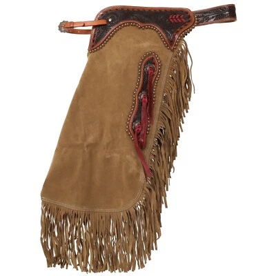 SHOWMAN Sandstone Tan Suede Leather Chinks Chaps Tooling Fringe Rodeo NEW