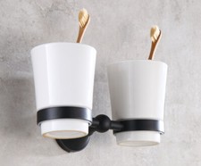 Oil Rubbed Bronze Toothbrush Holder Double Ceramic Cups Holder Brass Wall Mount