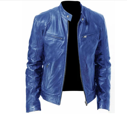 Neu Herren Lederjacke Motorrad Bikerjacken Stehkragen Reißverschluss Outwear DE- - Bild 9 von 9