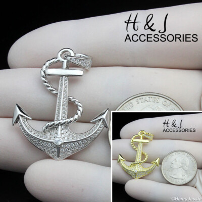 925 STERLING SILVER ICY BLING CZ GOLD PLATED/SILVER 3D ANCHOR PENDANT*ASP449