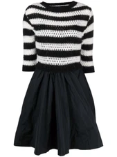 Red Valentino Striped Mini Dress Black White Open Knit Taffeta Skirt Medium $775