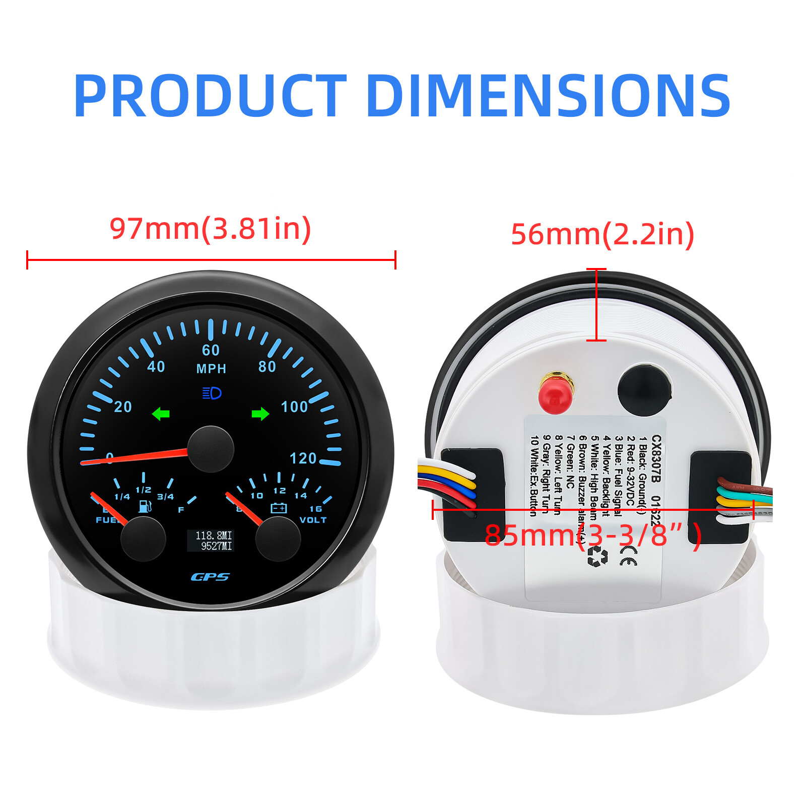 2 Inch Speedometer 2 Gauge Set 85mm Black GPS Speedometer 120MPH&Tacho/Fuel/Oil/Temp/Volt ...