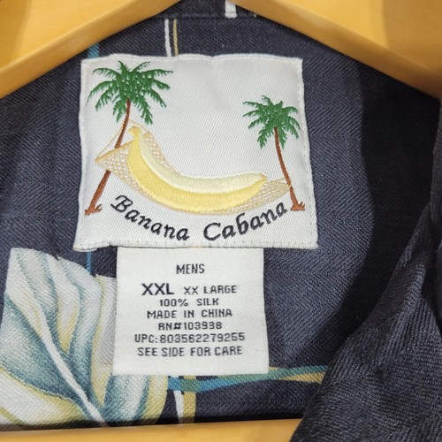 BANANA CABANA 2XL Hawaiian Shirt 100% SILK Black Palms Floral - Picture 3 of 12