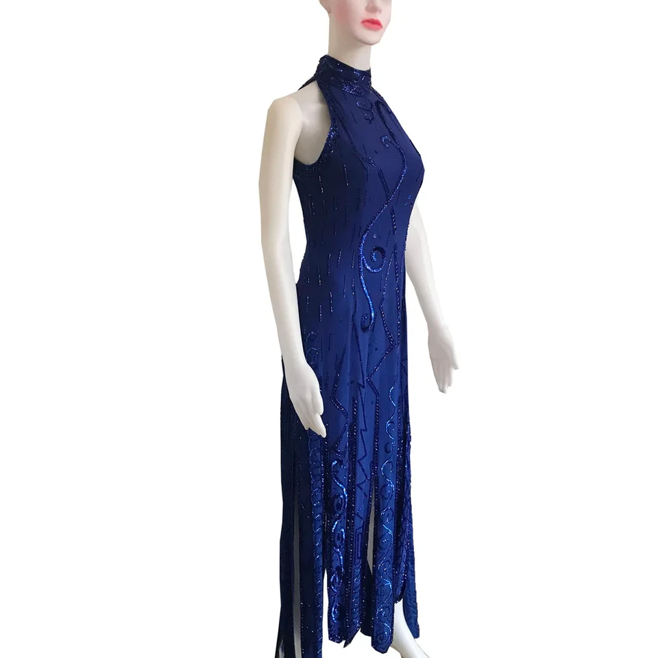 Vintage 80s Lillie Rubin Blue Halter Dress Maxi Formal Sequined - Image 3 of 4