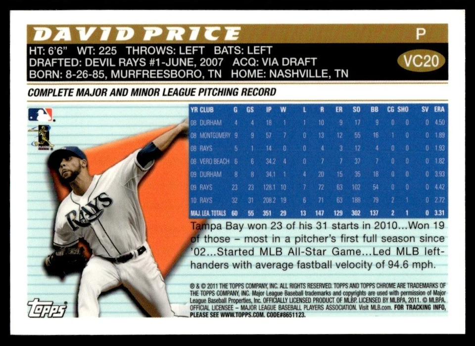 2011 Topps Chrome Vintage David Price Tampa Bay Rays #VC20 - Image 2 of 2