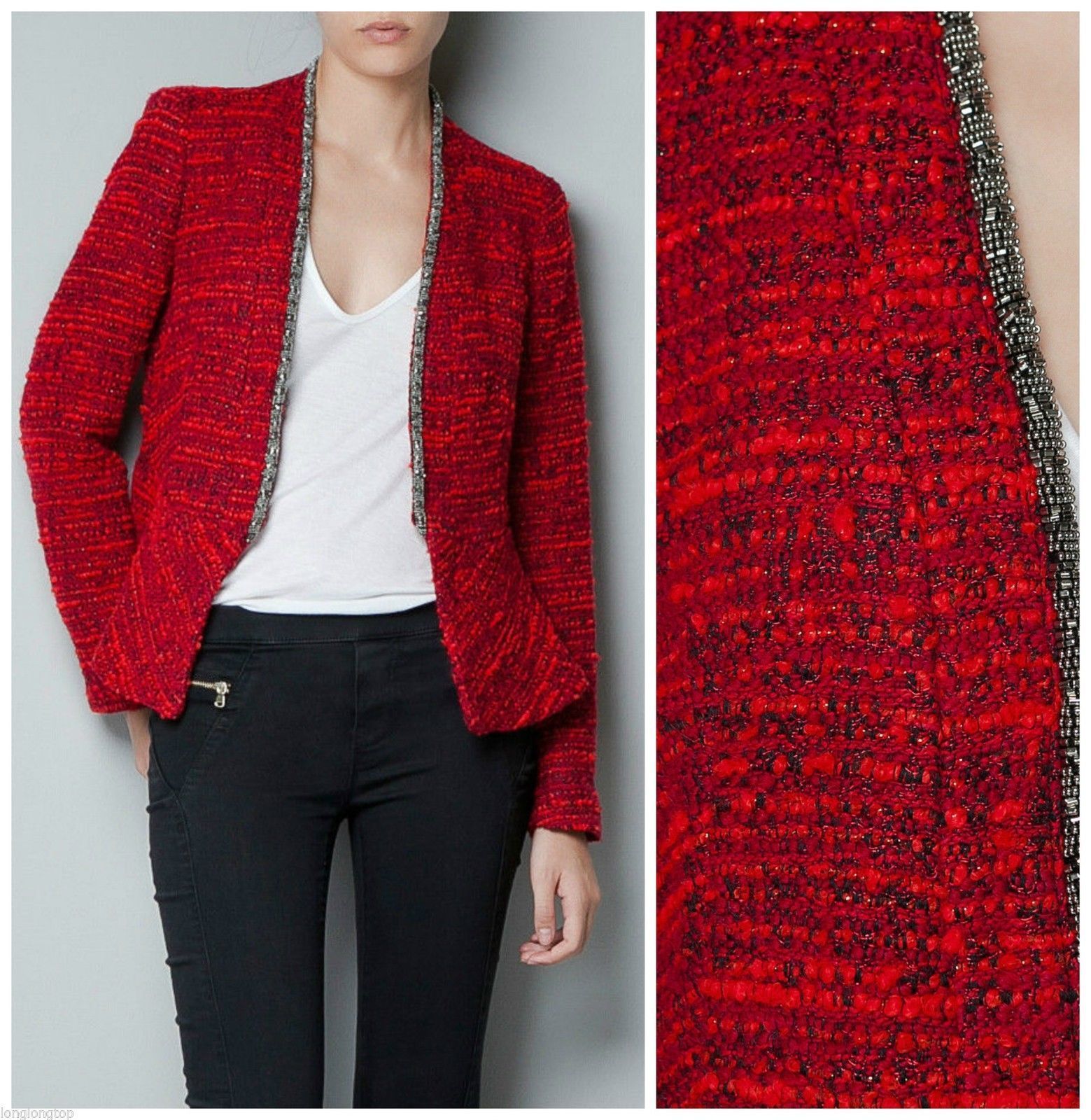 A699 ZARA VERY RARE BLAZER FANTASY BOUCLE RED METAL JACKET COAT EXRA SMALL - XS image 2